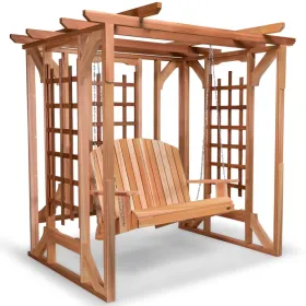 Cedar Pergola Garden Arbor Swing Set - Handcrafted Wood Swing For Backyard
