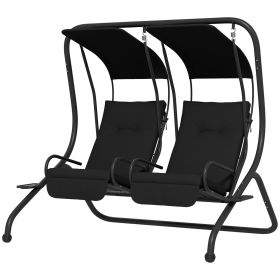 2-Seat Outdoor Porch Swing, with Independent Seat Swing, Cushion, Anti-Slip Foot Pads, Cup Trays, for Patio, Garden, Black