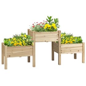 3pc Wooden Garden Box Set, Elevated Plant Stand with Two-Tiered Design, Drainage Holes, Natural