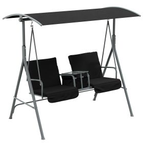 2-Seater Outdoor Porch Swing with Canopy and Table, Patio Swing Chair for Garden, Poolside, Backyard, Black