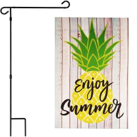Combo Pack Garden Flag Stand Black 36x 16 in & Garden Flag 12x18 in Summer Decoration Enjoy Summer Pineapple Double-Sided Blockout Fabric