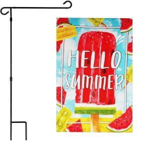 Combo Pack Garden Flag Stand Black 36x 16 in & Garden Flag 12x18 in Summer Decoration Watermelon Popsicle Double-Sided Blockout Fabric