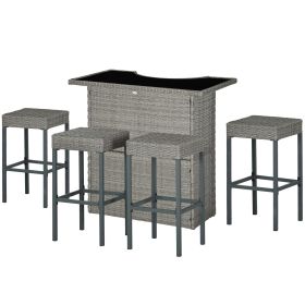 5 Piece Rattan Wicker Bar Set, High Top Outdoor Table and Chairs, Bar Height Patio Set, 2 Shelves & 4 Bar Stools, Gray
