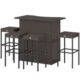 5 Piece Rattan Wicker Bar Set, High Top Outdoor Table and Chairs, Bar Height Patio Set, 2 Shelves & 4 Bar Stools, Brown