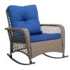 Rattan rocking chair with sparse backrest, grey rattan and blue cushion
