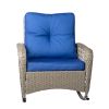 Rattan rocking chair with sparse backrest, grey rattan and blue cushion
